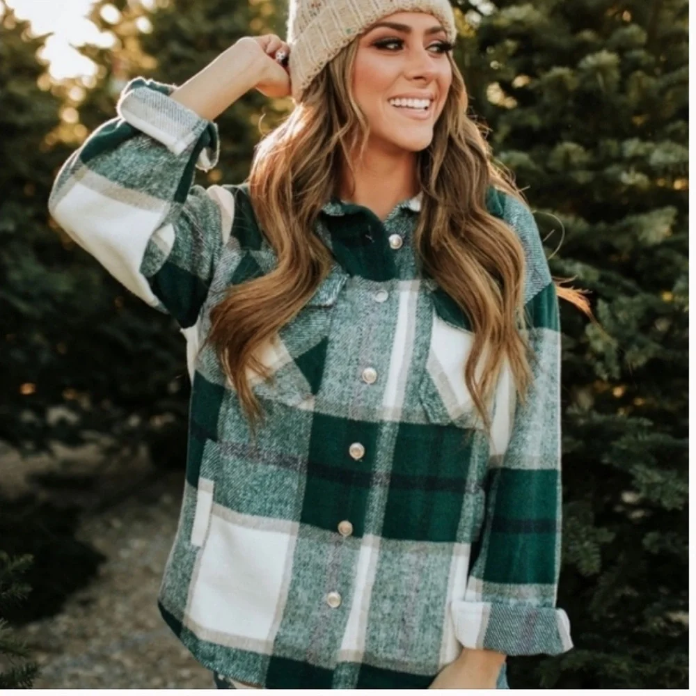 Women’s Casual Shacket Jacket Plaid Shirts Flannel Blouses Button-Down Shirt